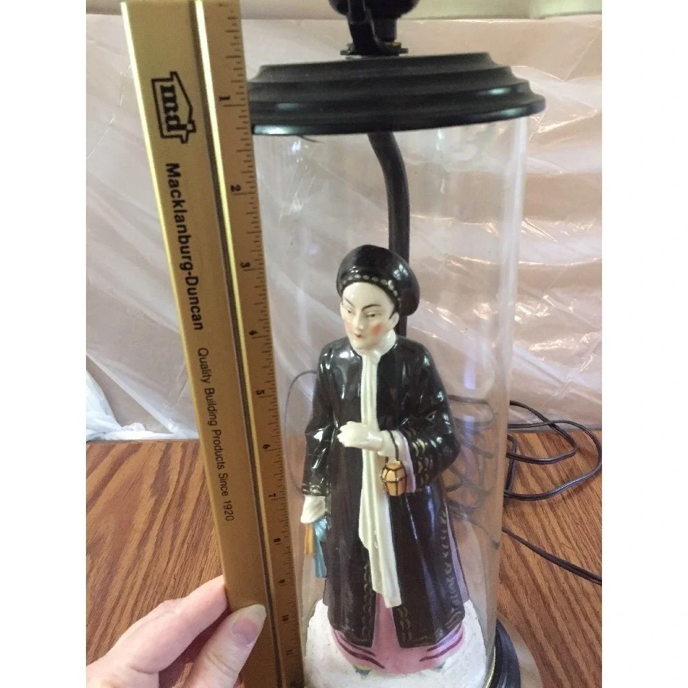 Vintage 70s Porcelain Figural Asian Woman Table Lamp Clear Plastic‎ Sleeve 25